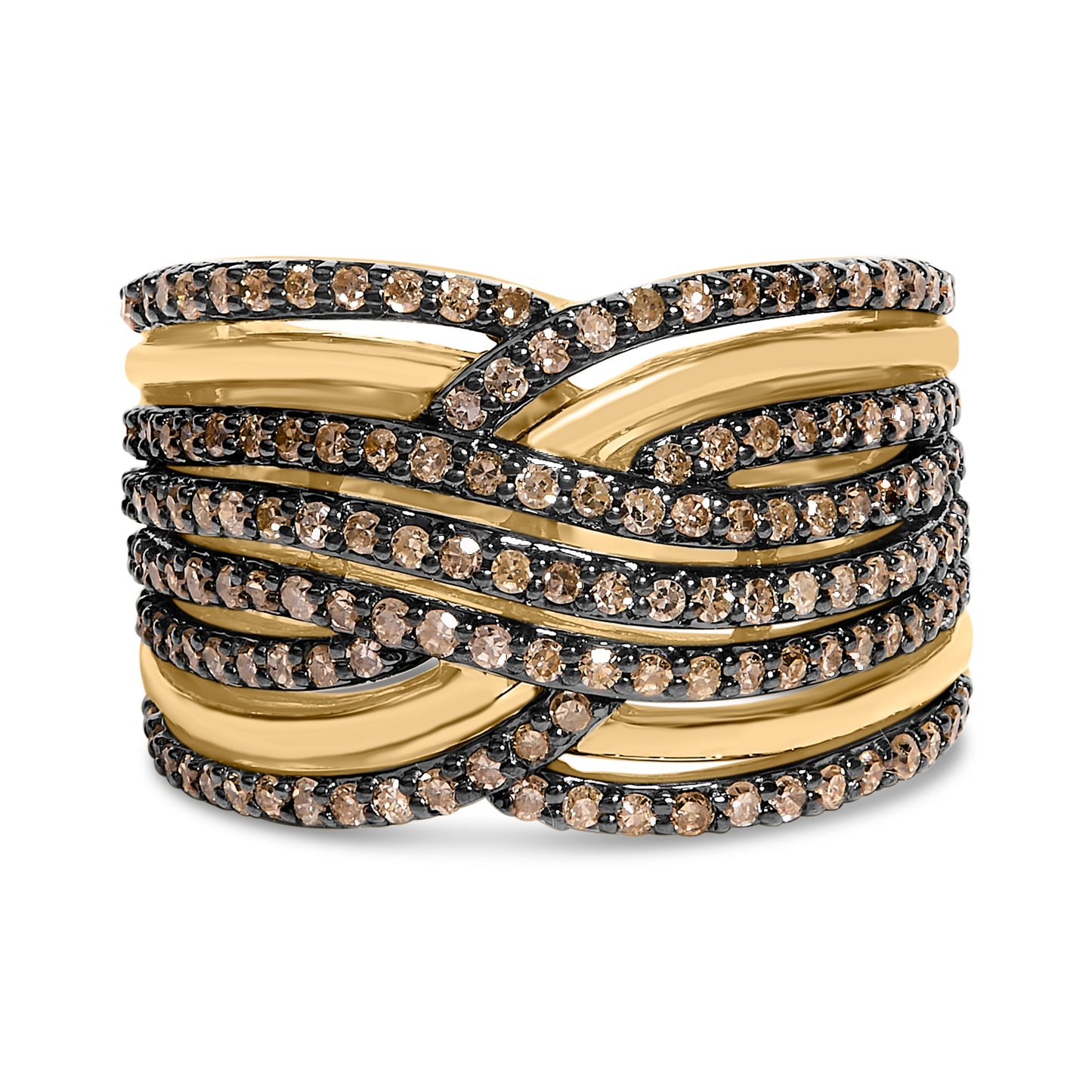10K Yellow Gold Plated Sterling Silver Champagne Diamond Crossover Ring - Size 7