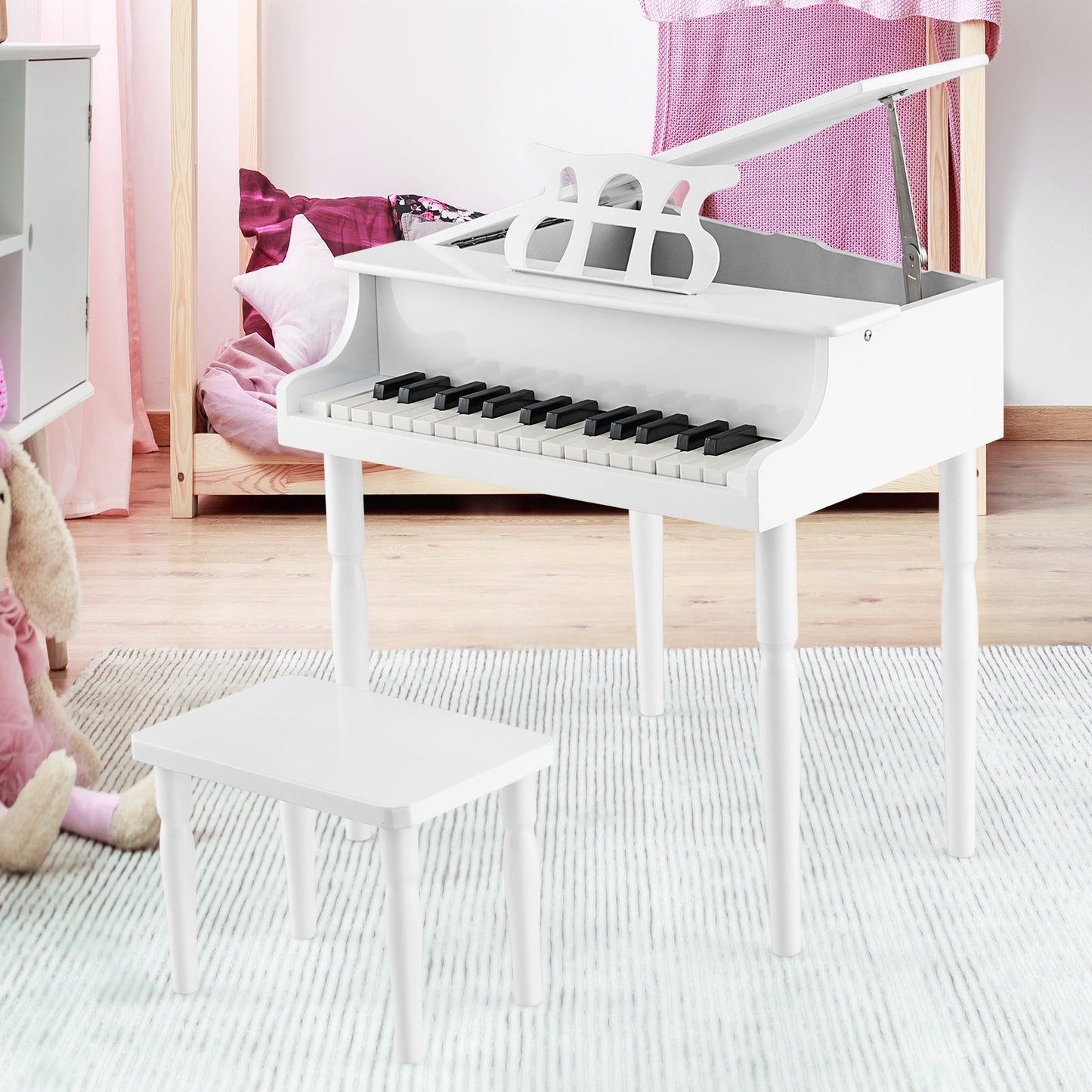 Piano de Juguete de Madera para Niños de 30 Teclas con Banco y Soporte para Música - Blanco