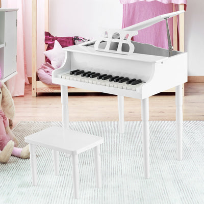 30-Key Wood Toy Kids Grand Piano with Bench and Music Rack - White