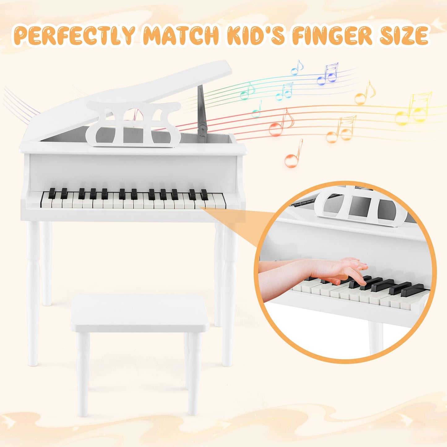 Piano de Juguete de Madera para Niños de 30 Teclas con Banco y Soporte para Música - Blanco