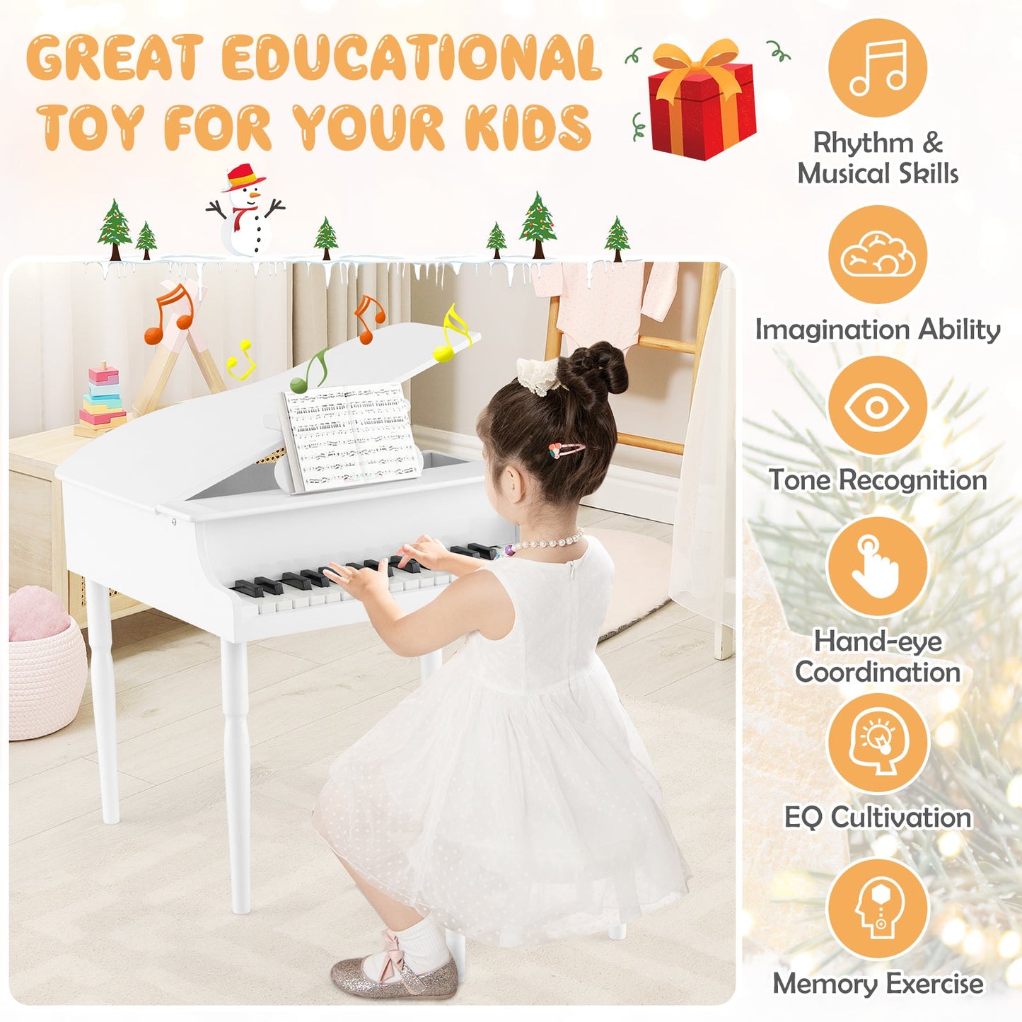 Piano de Juguete de Madera para Niños de 30 Teclas con Banco y Soporte para Música - Blanco