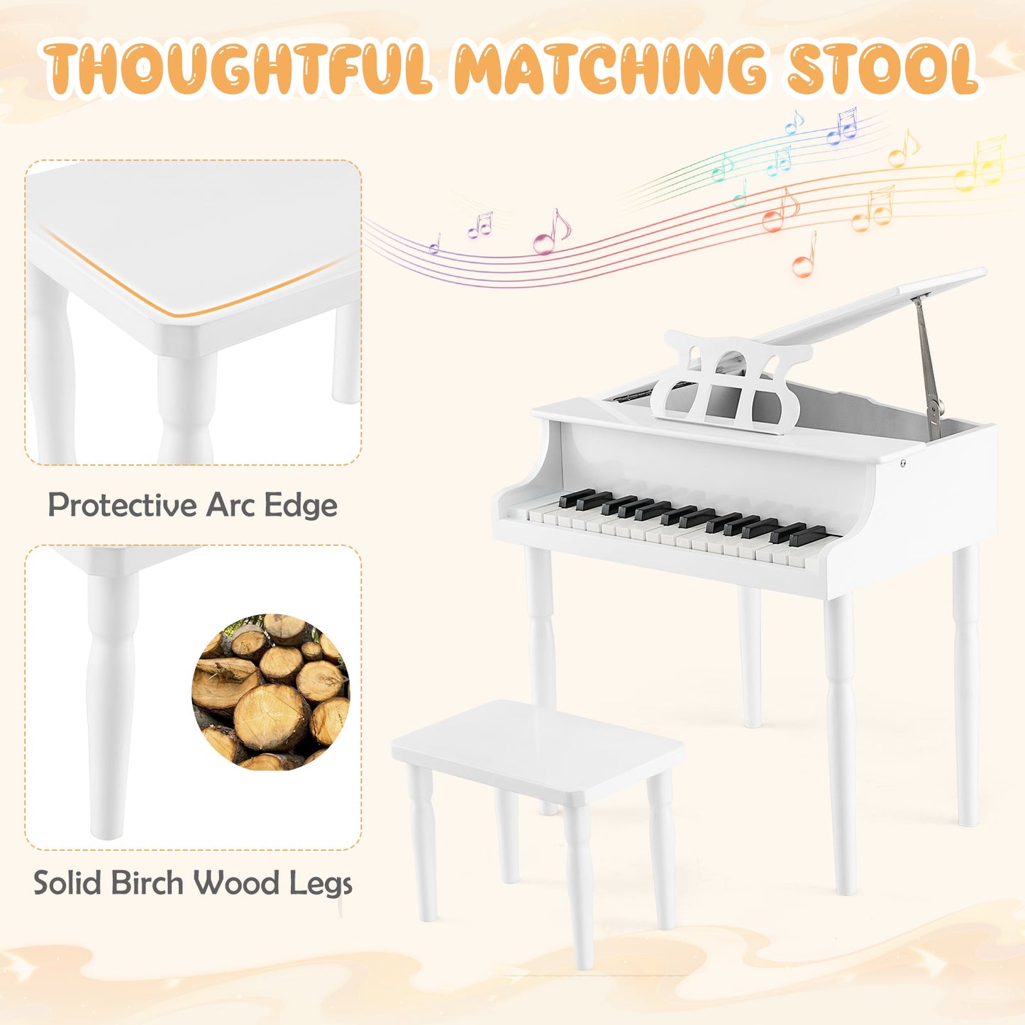 Piano de Juguete de Madera para Niños de 30 Teclas con Banco y Soporte para Música - Blanco