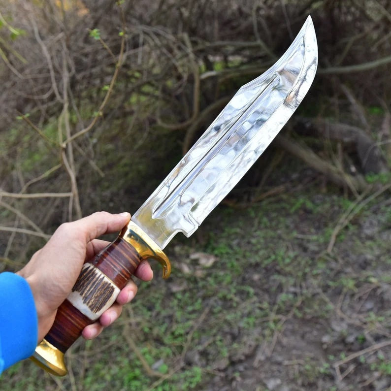 Elite D2 Steel Bowie Knife - 16" Length, 11" Blade, Antler Handle with Leather & Brass Accents - Korvel
