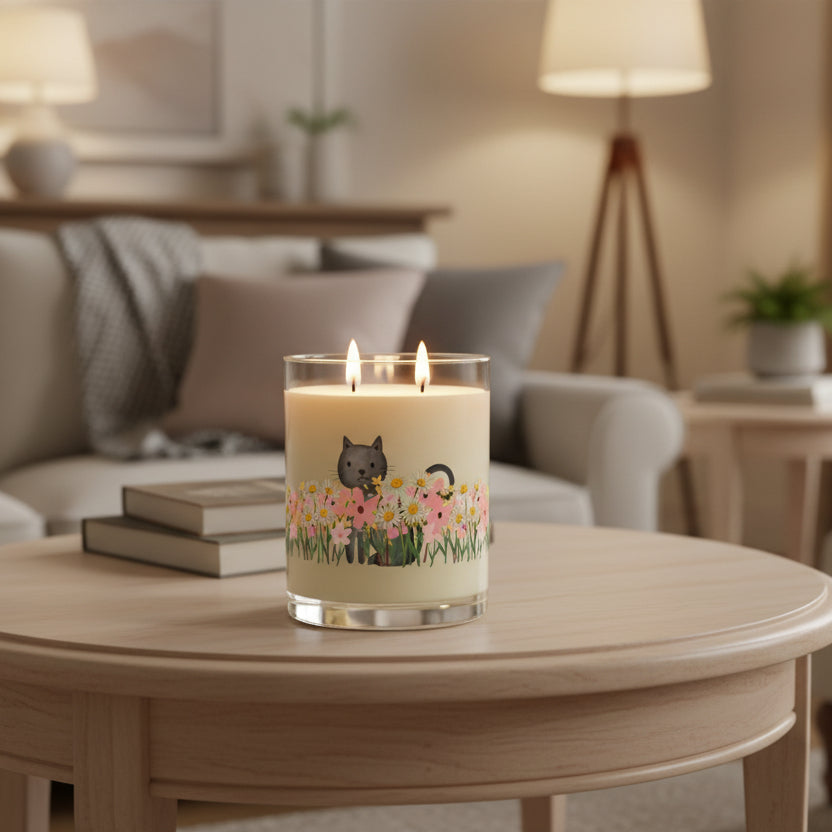 Floral Cat Glass Candle – Cozy Cat Lover Decor