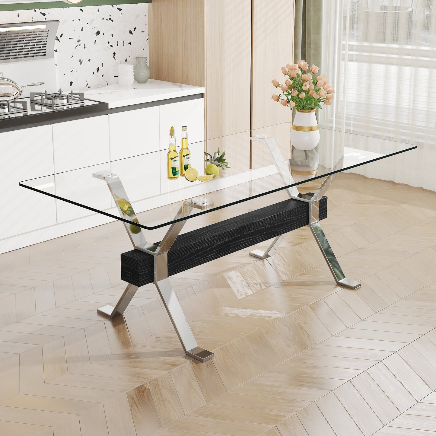 Dining table Modern tempered glass dining table Large modern office desk with silver plated metal legs and MDF crossbars - Korvel