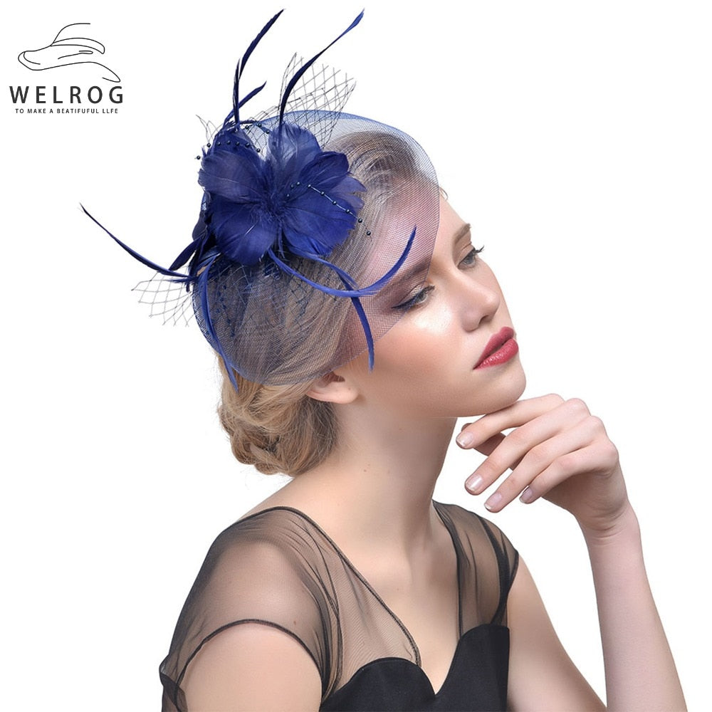 WELROG Feather Cap Lady Cocktail Dinner Party Fedoras Wedding Bridal Mesh Veil Hats Vintage Sombreros Chapeau Fascinators Hat - Korvel