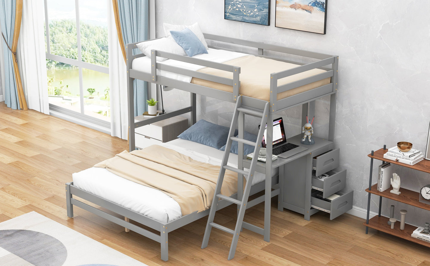 Twin over Full Bunk Bed with Built-in Desk and Three Drawers Grey - Korvel