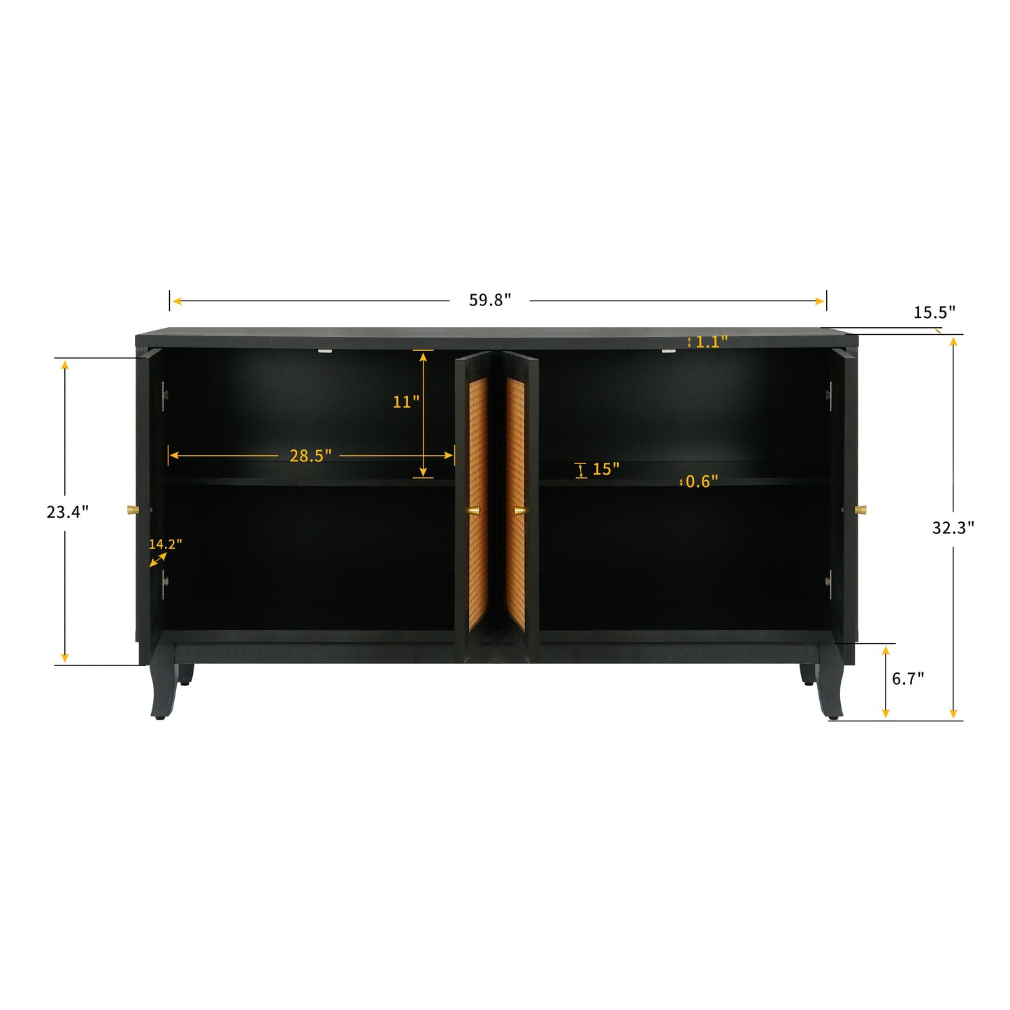 Handcrafted Premium Grain Panels Rattan Sideboard Buffer Cabinet Accent Storage Cabinet With 4 Rattan Doors BLACK - Korvel