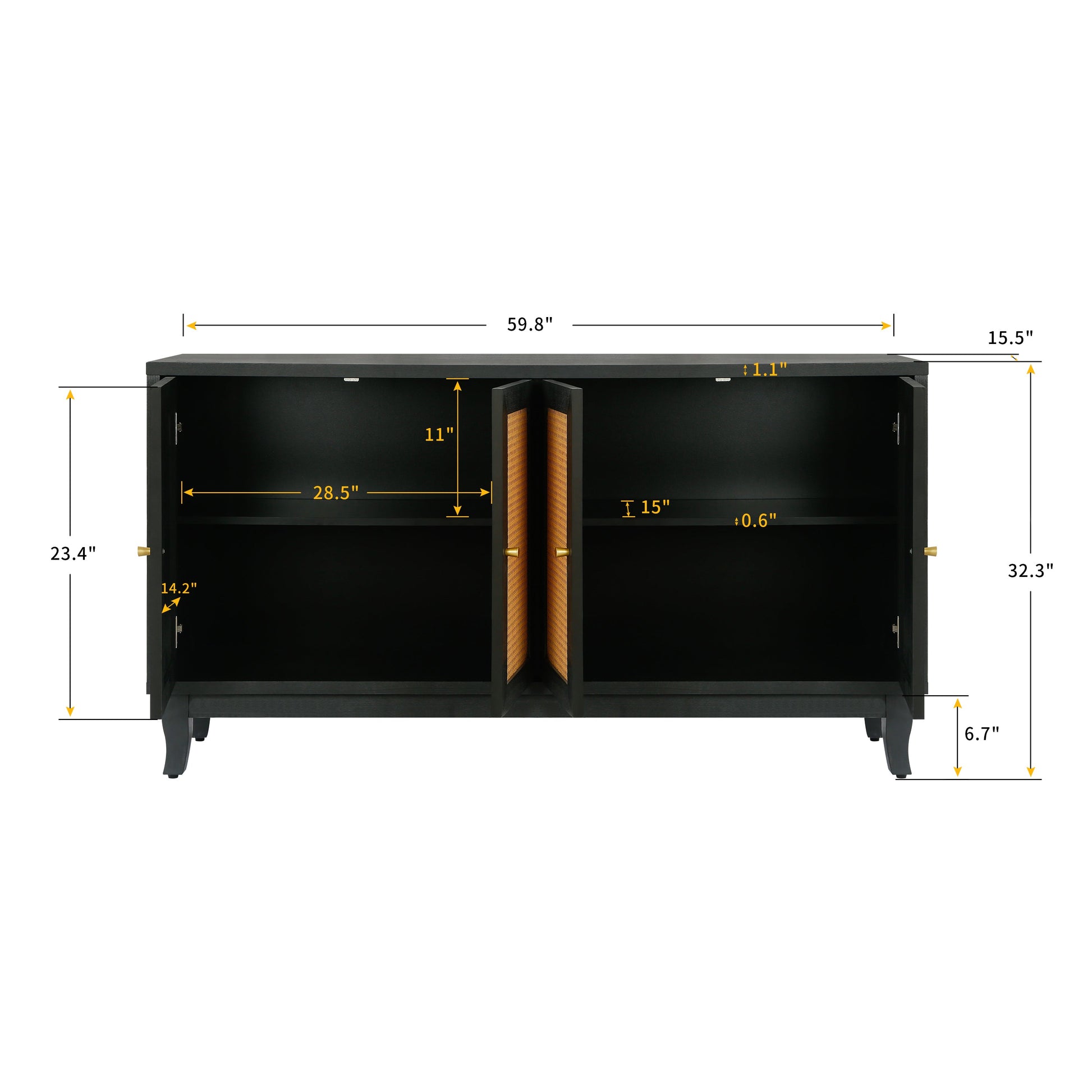 Handcrafted Premium Grain Panels Rattan Sideboard Buffer Cabinet Accent Storage Cabinet With 4 Rattan Doors BLACK - Korvel