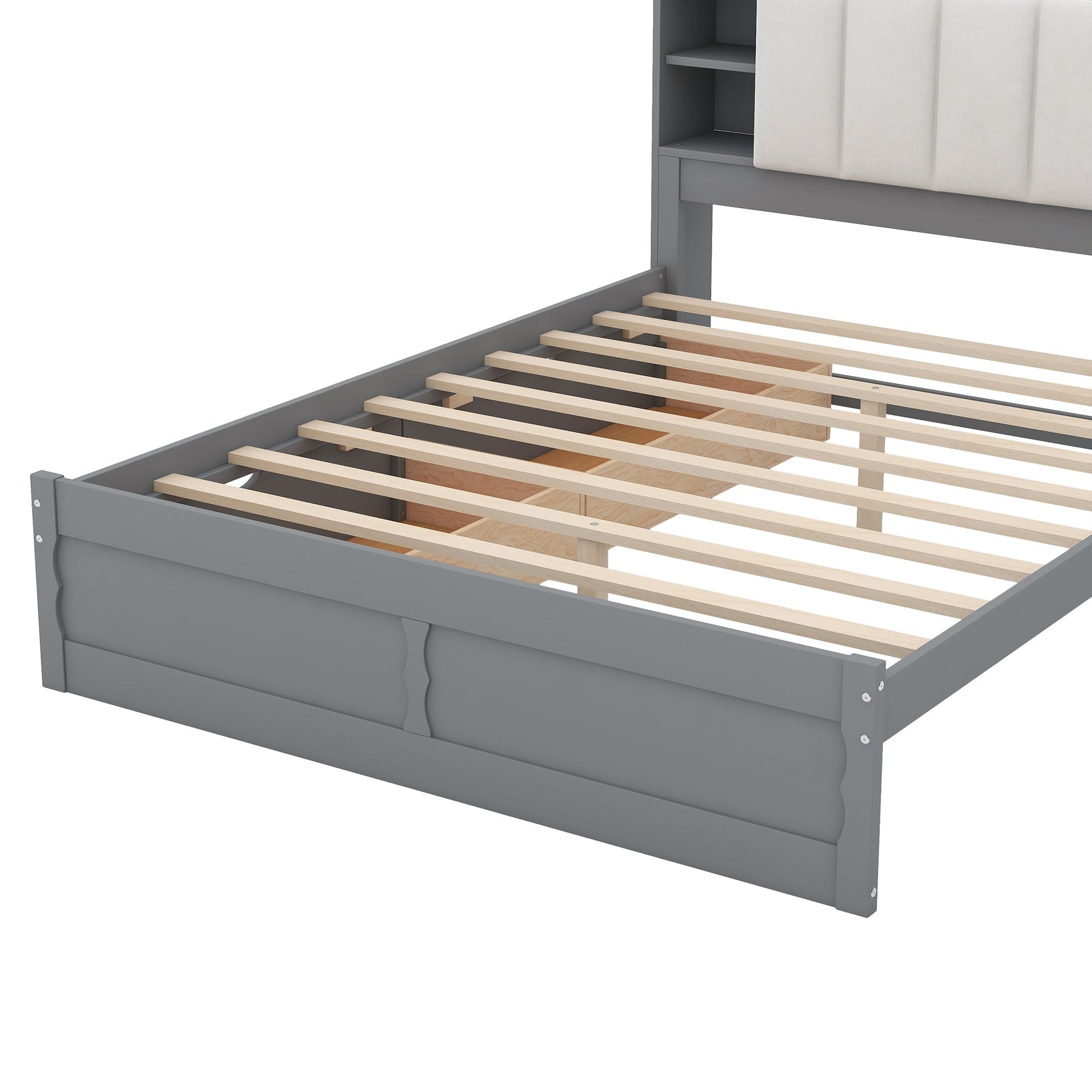 Wood Queen Size Platform Bed with Storage Headboard  Shelves and 2 Drawers  Gray - Korvel