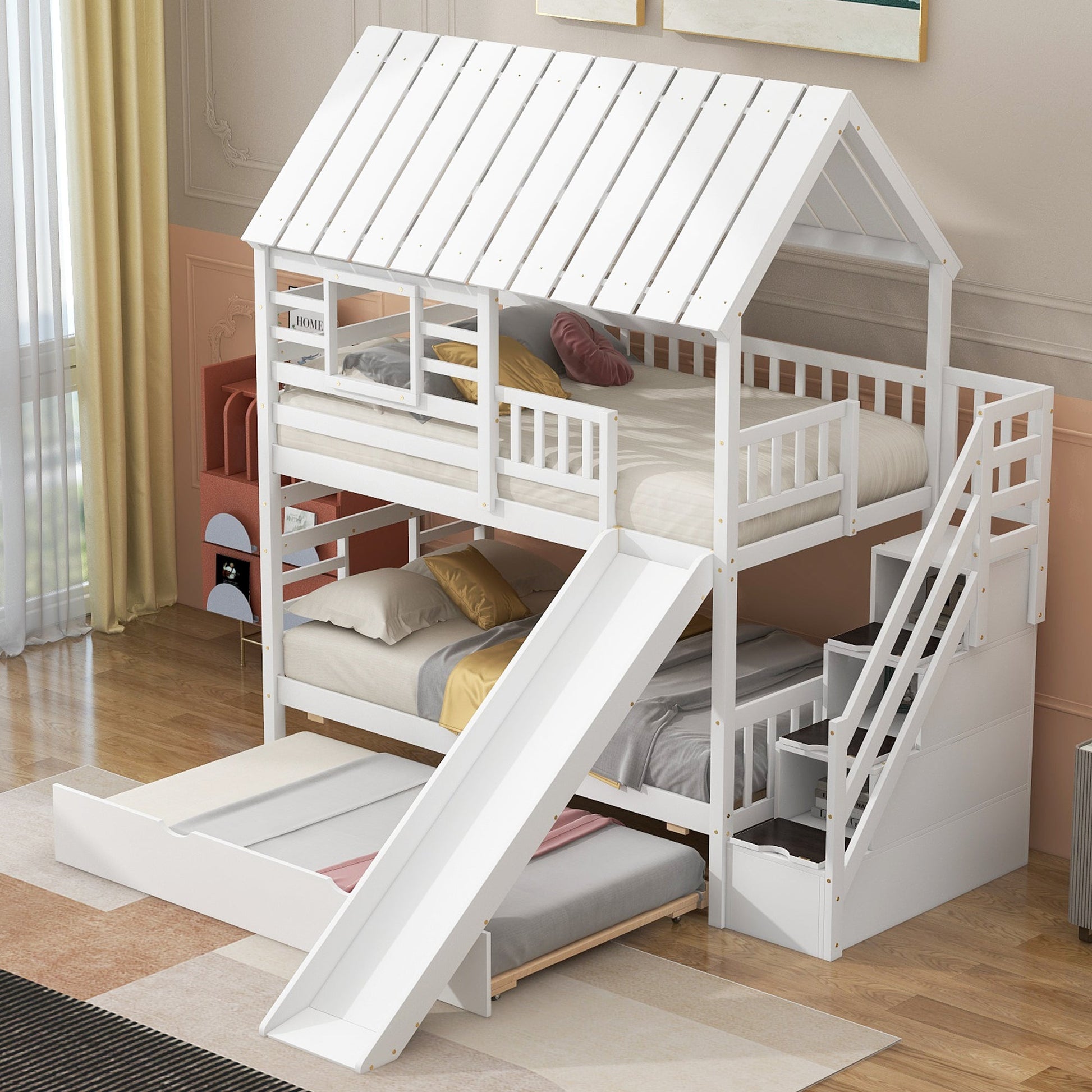 Twin over Twin House Bunk Bed with Trundle and Slide Storage Staircase Roof and Window Design  White - Korvel