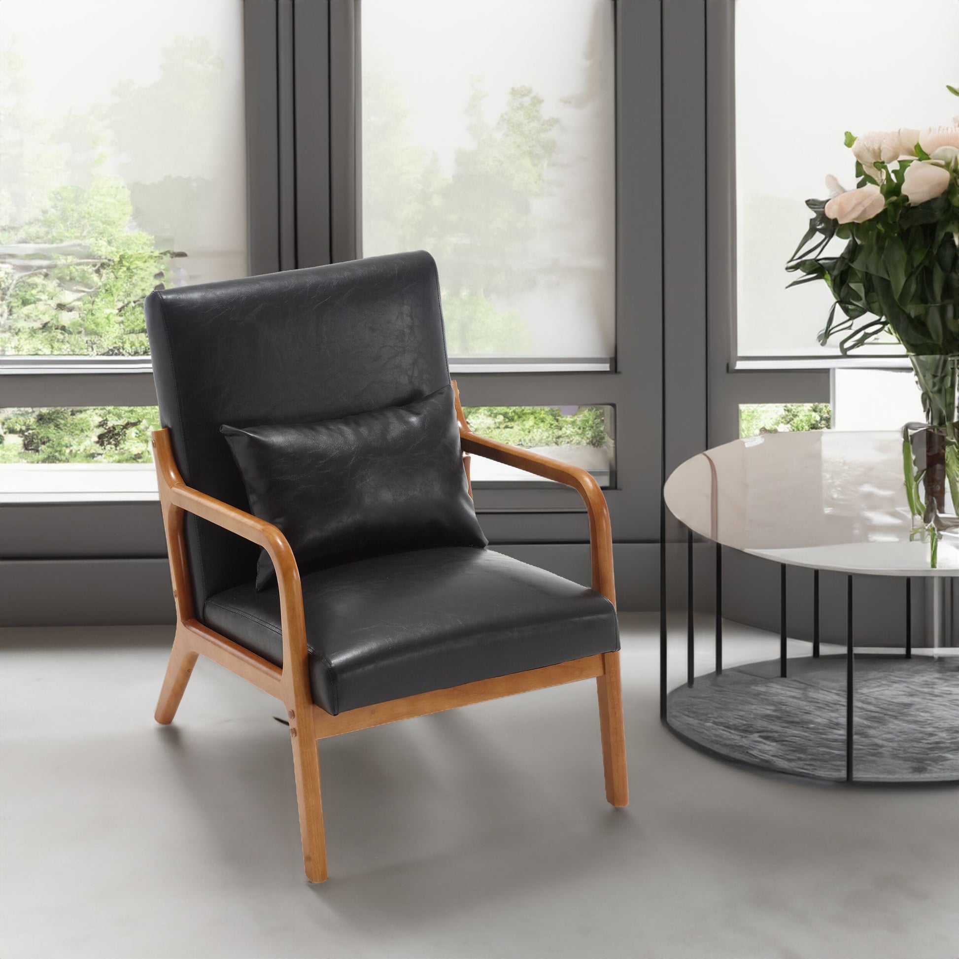 COOLMORE modern style chair, solid wood cushion lounge armchair with a pillow (black PU) - Korvel