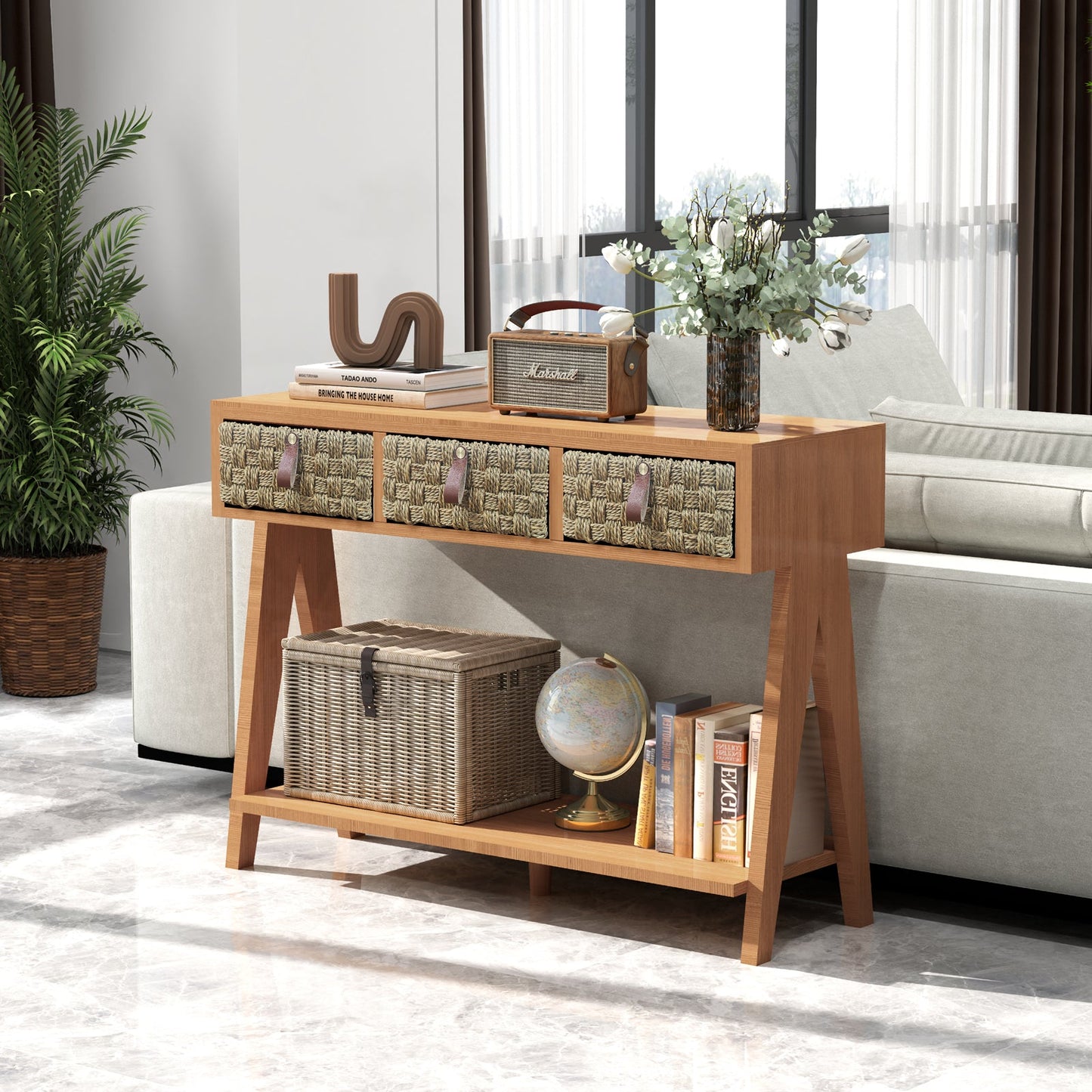 Medieval modern console table with entrance storage space, multifunctional entrance table with 3 drawers, open storage rack - Korvel