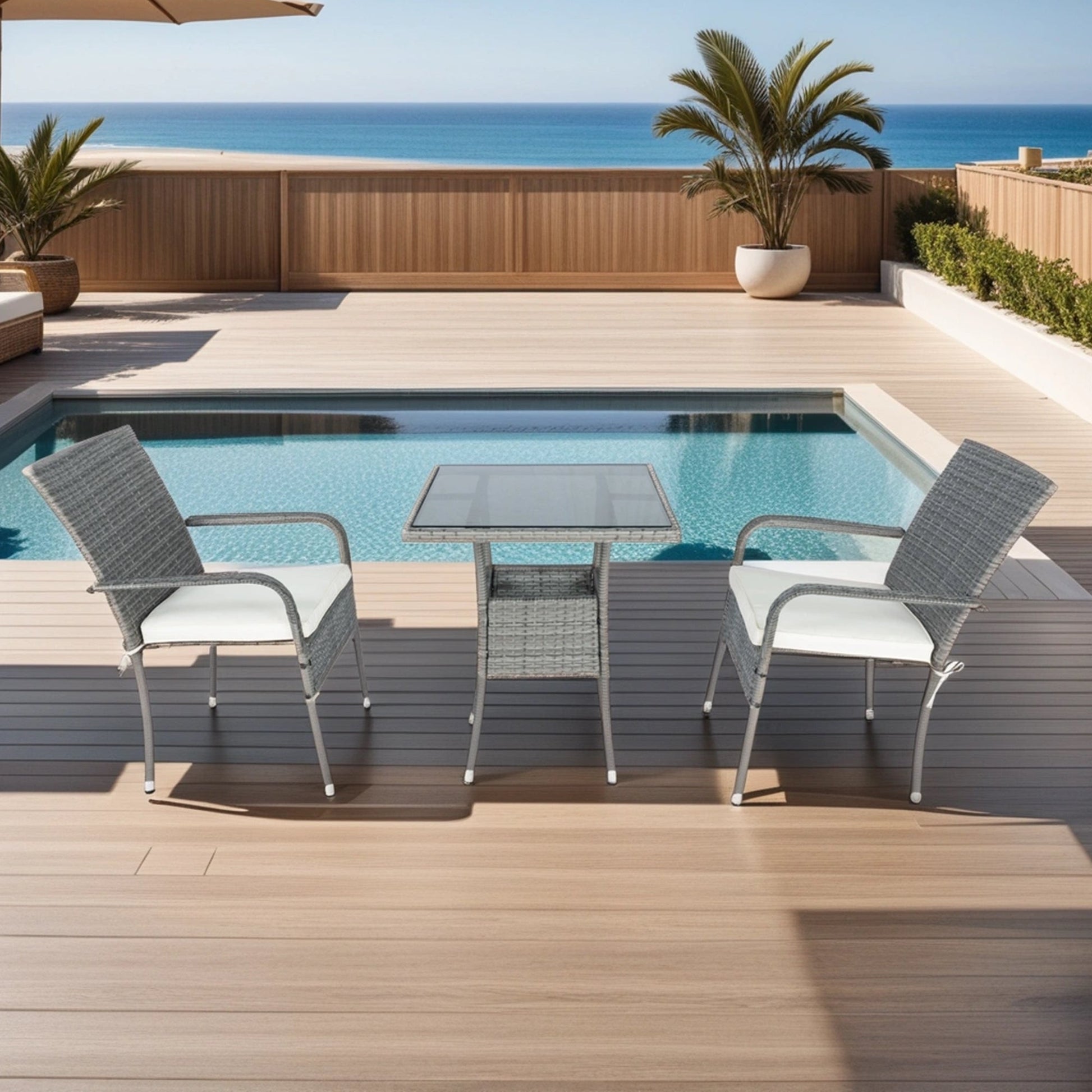 3 Piece Patio Wicker Conversation Set Grey Wicker + white Cushion - Korvel