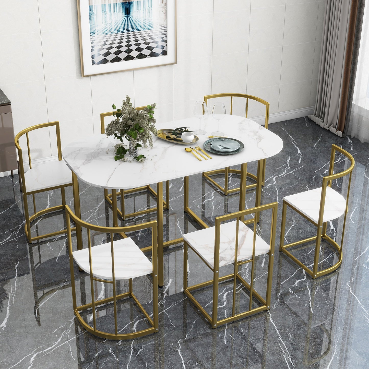 Ensemble de salle à manger moderne TOPMAX 7 pièces avec faux marbre