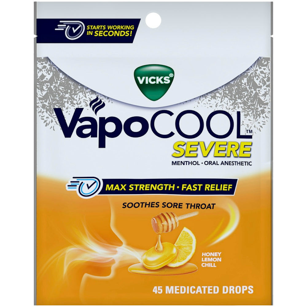 Vicks Vapo Cool Severe Medicated Lozenges, Honey Lemon Chill, 45 Drops