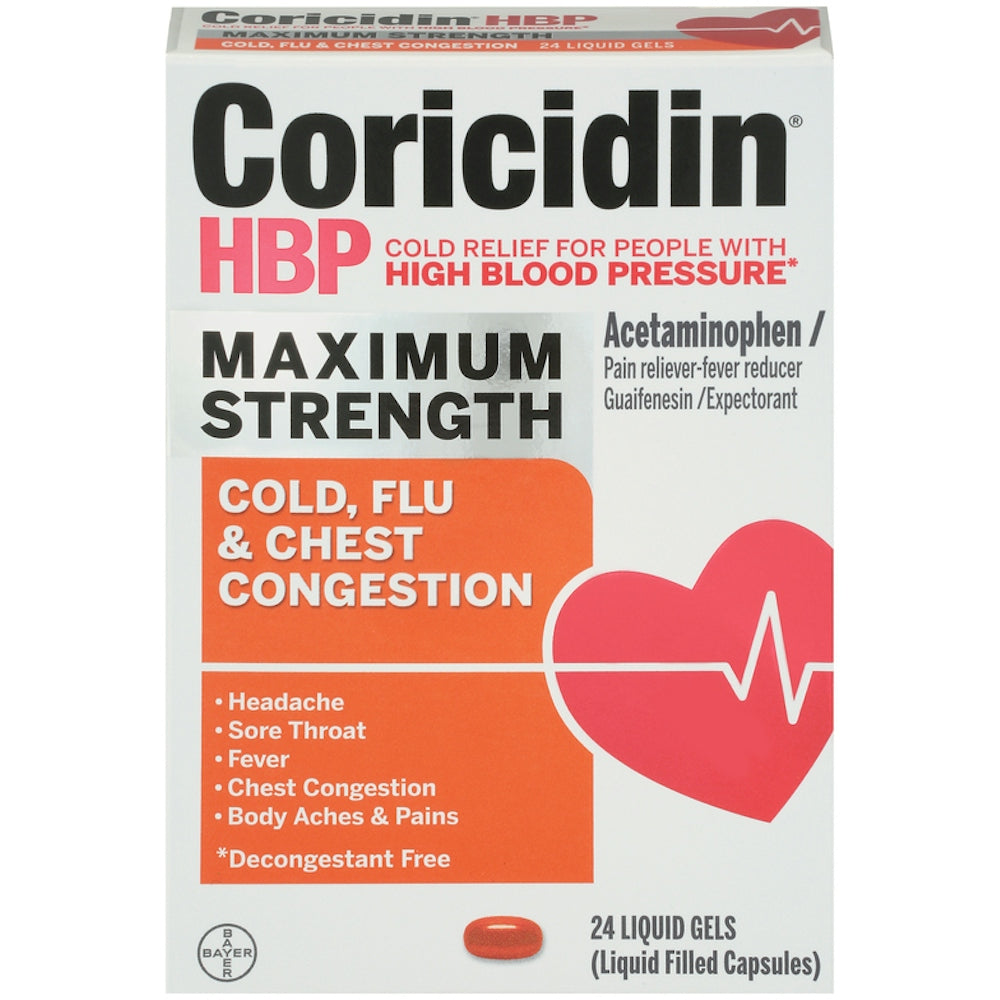 Coricidin HBP Maximum Strength Cold & Flu Relief, 24 Liquid Gels