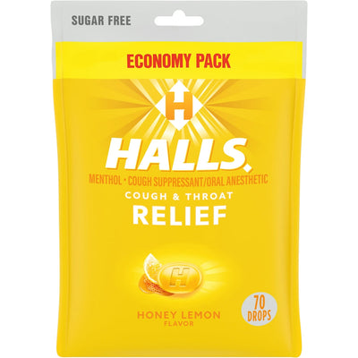 Halls Cough & Throat Relief, Sugar Free, Honey Lemon Flavor