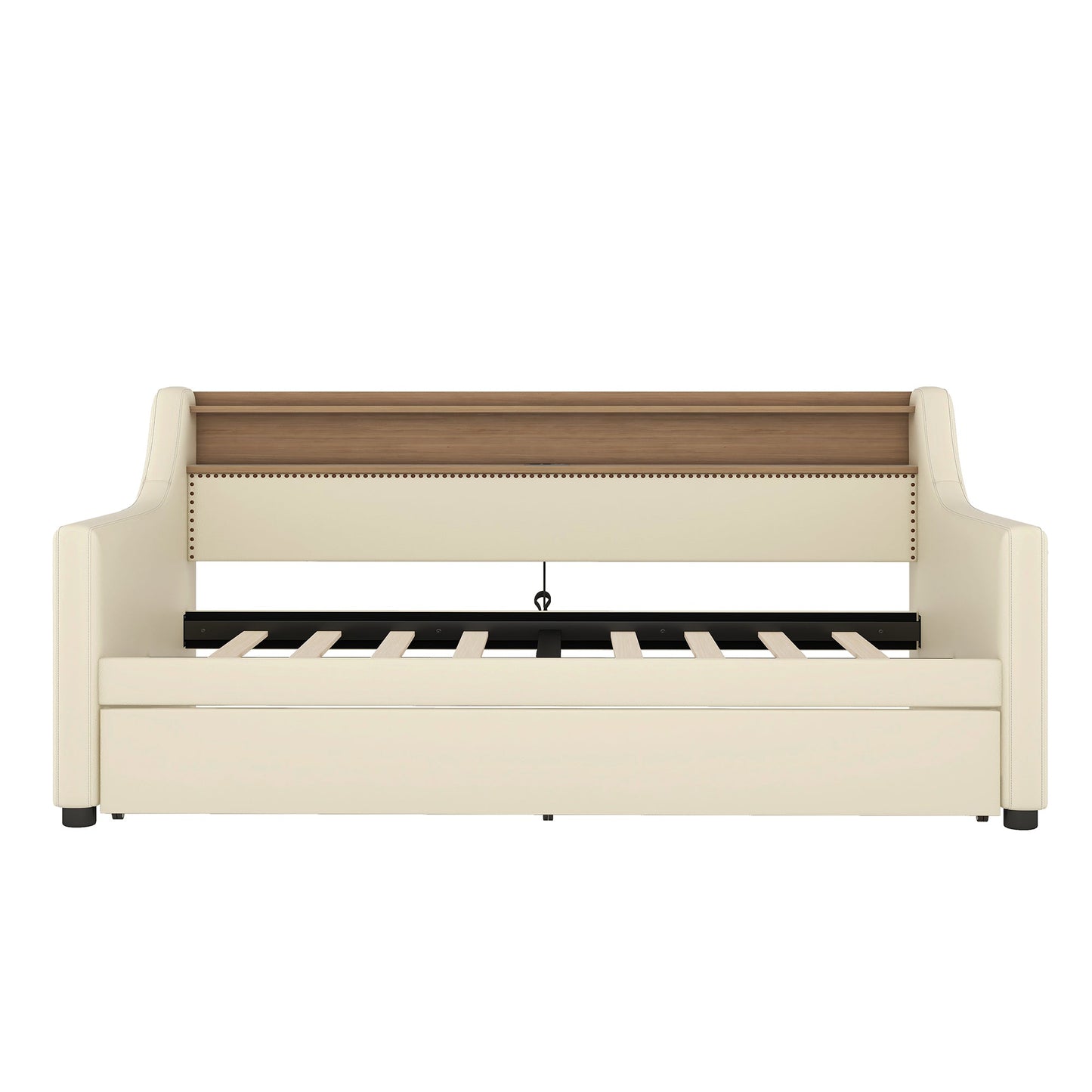 Twin Size Daybed with Trundle, Upholstered Daybed with Charging Station and LED Lights, Beige - Korvel