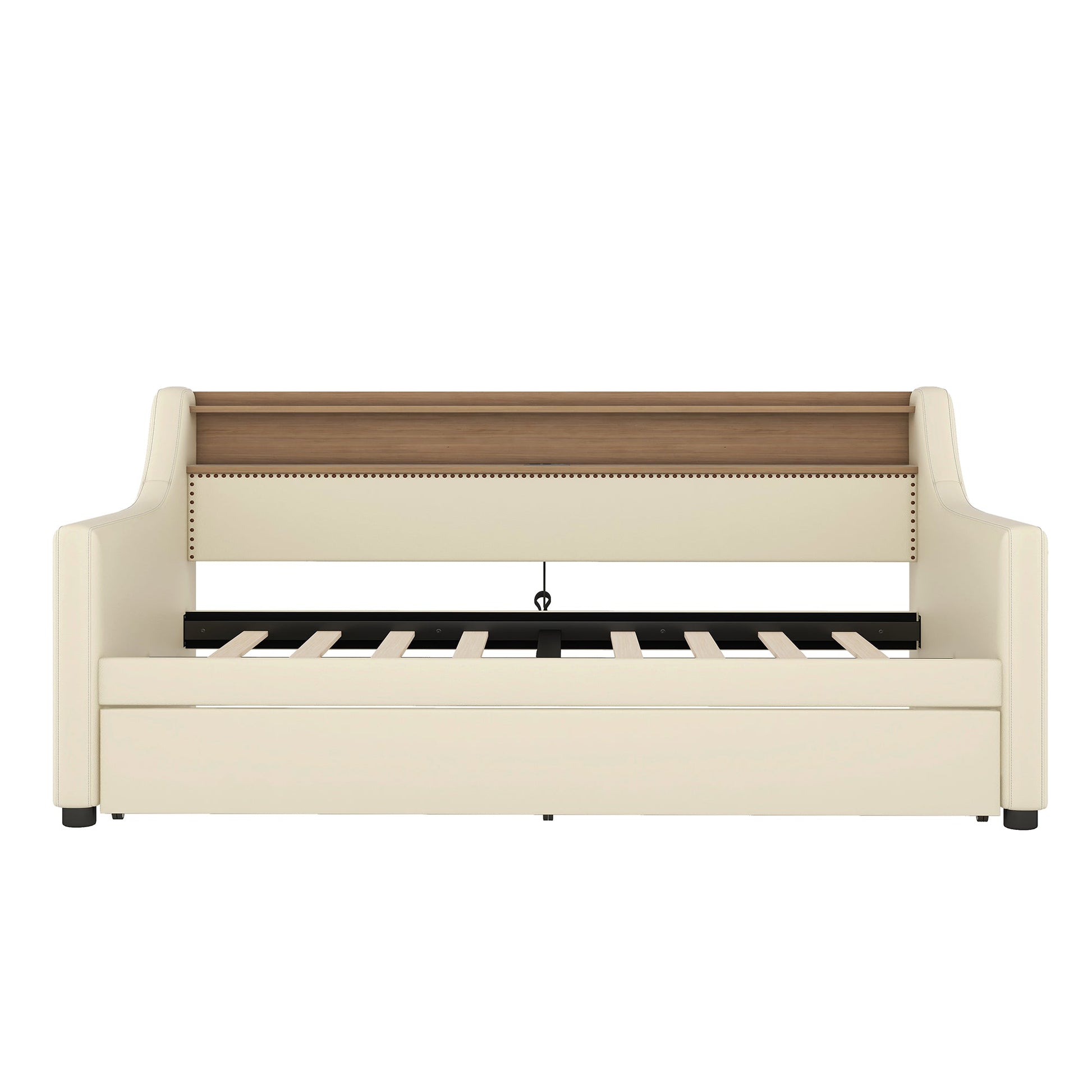 Twin Size Daybed with Trundle, Upholstered Daybed with Charging Station and LED Lights, Beige - Korvel