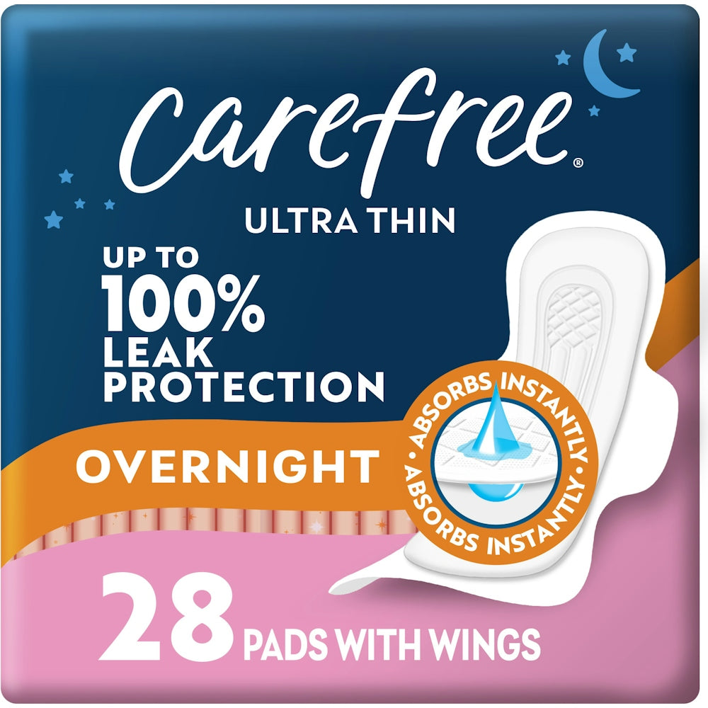 Carefree Ultra Thin Overnight Pads With Wings - 28 Count