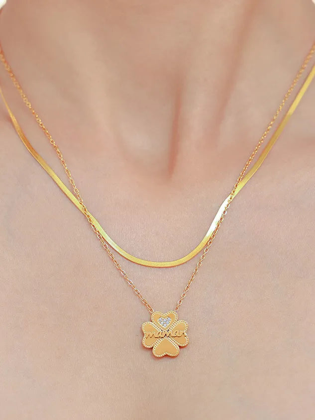 2 Piece 18K Gold-Plated Inlaid Zircon Lucky Clover Necklace - Korvel