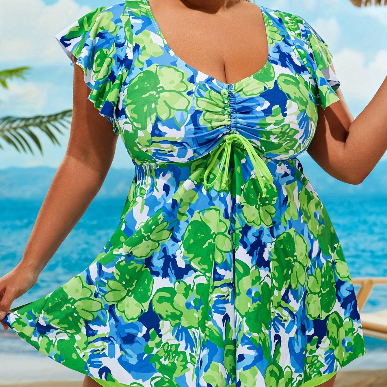 Floral Print Bandeau V Neck 2 Piece Swimsuit for Women