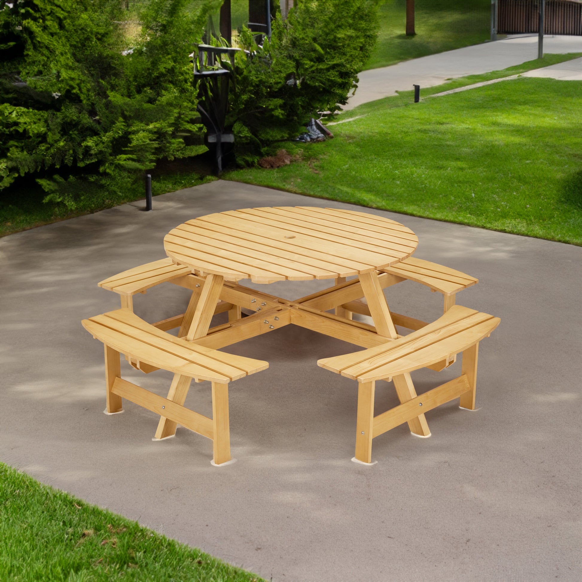 Outdoor picnic table for 8 people, circular picnic table for 8 people, with 4 embedded bench tables and bench sets - Korvel