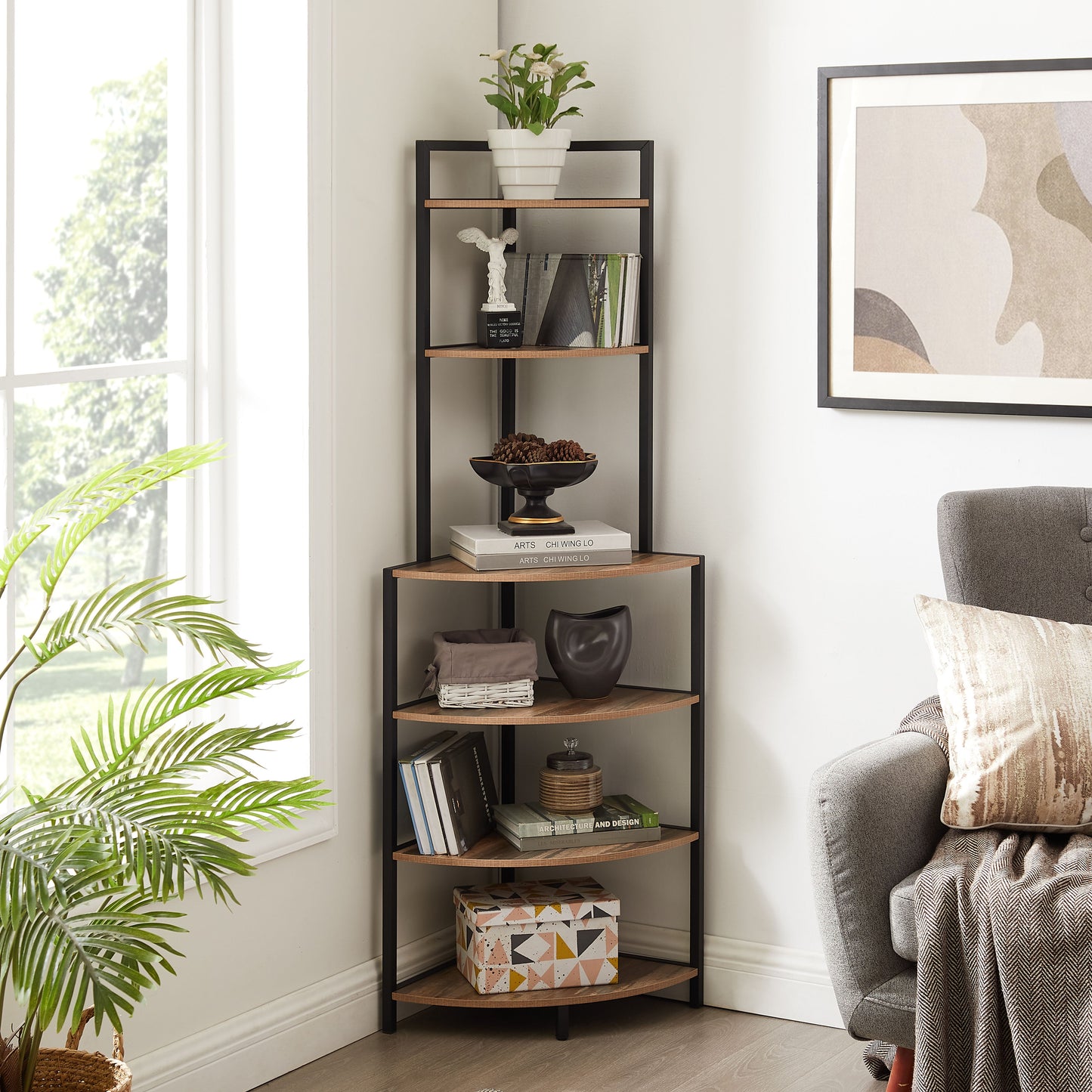 6-story corner open bookshelf modern bookshelf wooden frame independent bookshelf unit, country brown - Korvel