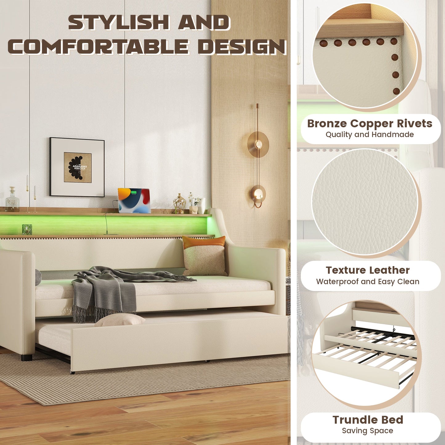 Twin Size Daybed with Trundle, Upholstered Daybed with Charging Station and LED Lights, Beige - Korvel