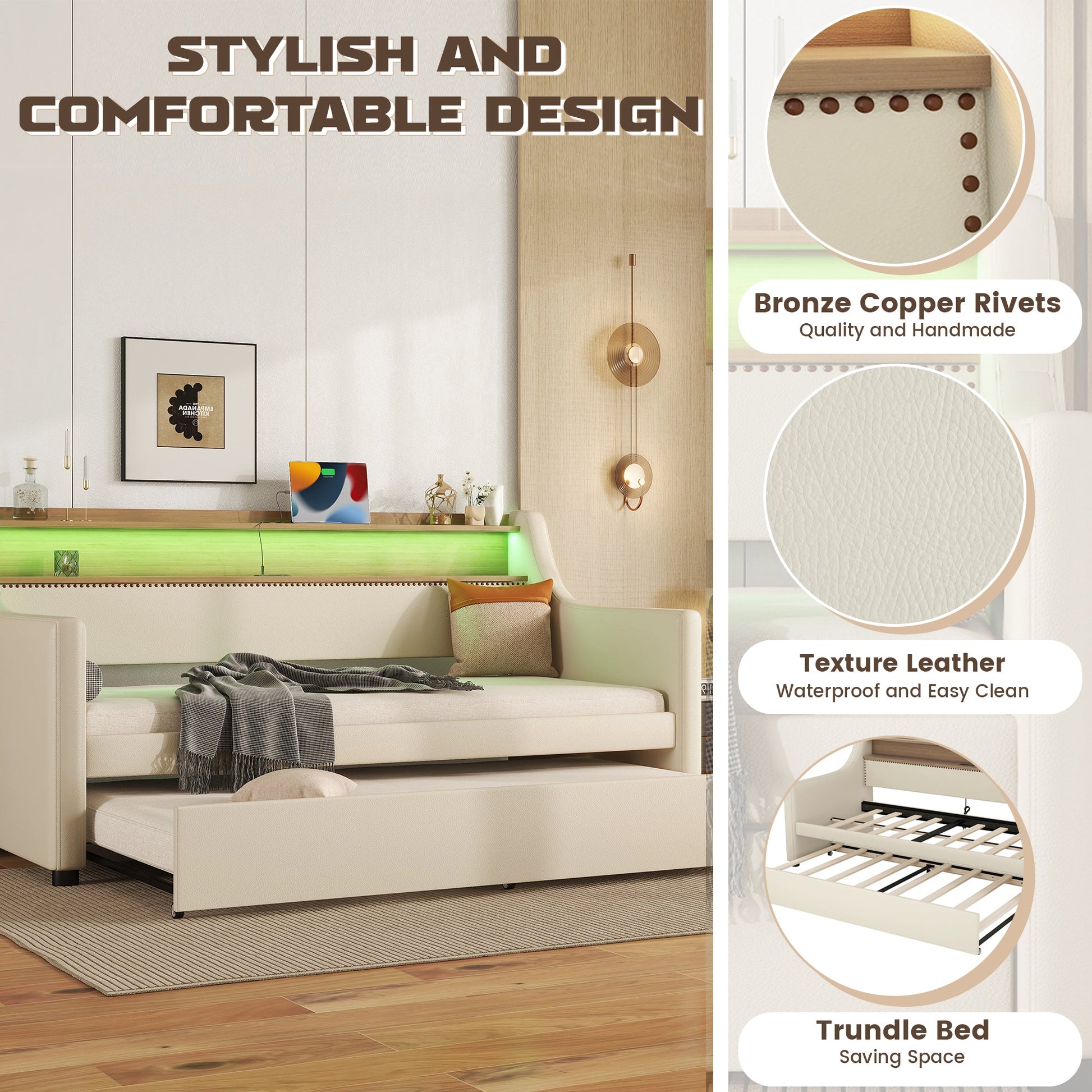 Twin Size Daybed with Trundle, Upholstered Daybed with Charging Station and LED Lights, Beige - Korvel
