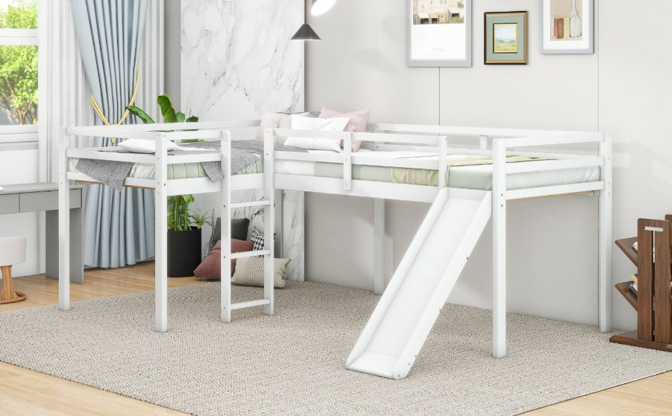 Lit mezzanine en forme de L pour enfant avec échelle et toboggan - Blanc