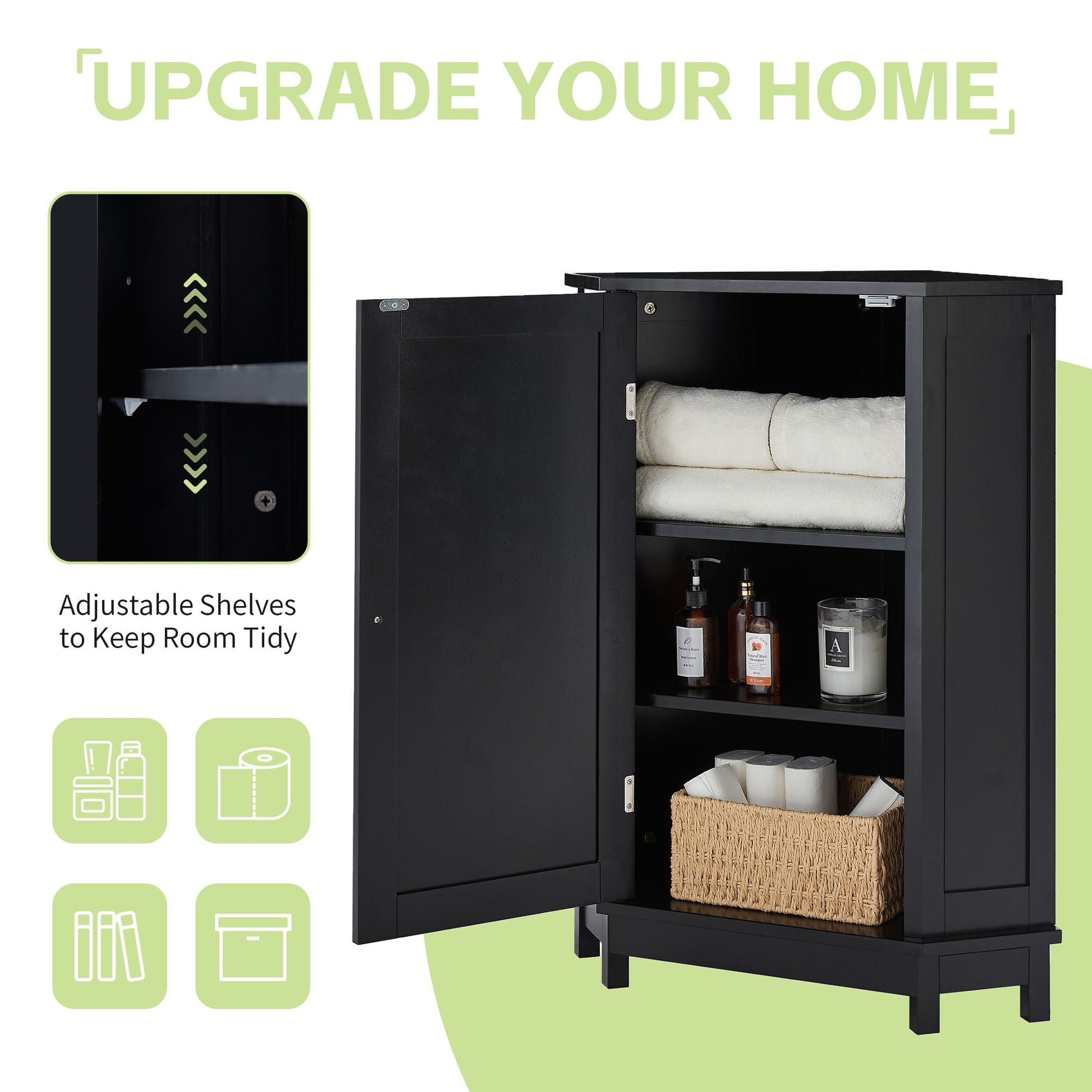 Black Bathroom Cabinet Triangle Corner Storage Cabinet with Adjustable Shelf Modern Style MDF Board - Korvel