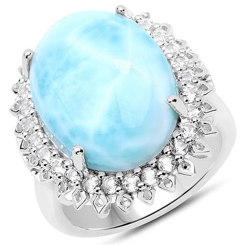 Anillo de Larimar de 17.62 quilates y Topacio Blanco en Plata Esterlina