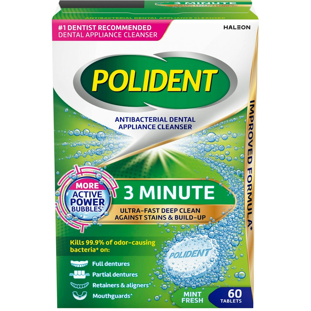 Tablettes nettoyantes antibactériennes Polident pour appareils dentaires - 60 unités