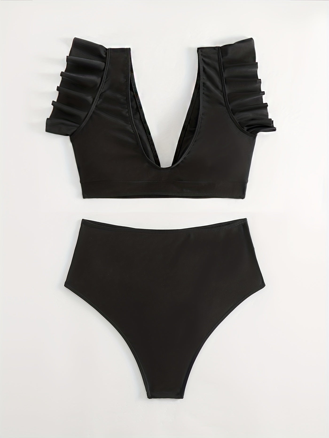 Elegant Black Ruffle V Neck High Waisted Bikini Set