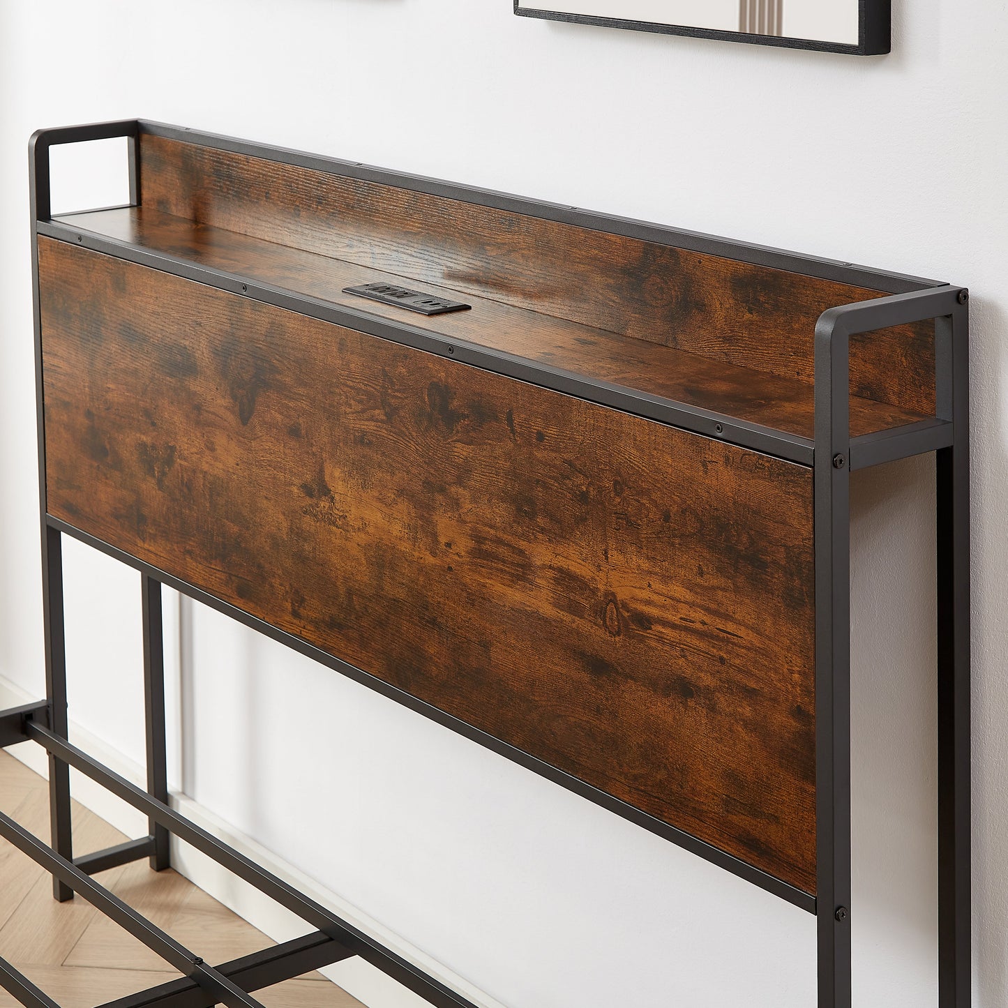 Bed frame with charging station full size, Rustic Brown, 83.1'' L x 56.1'' W x 39'' H - Korvel