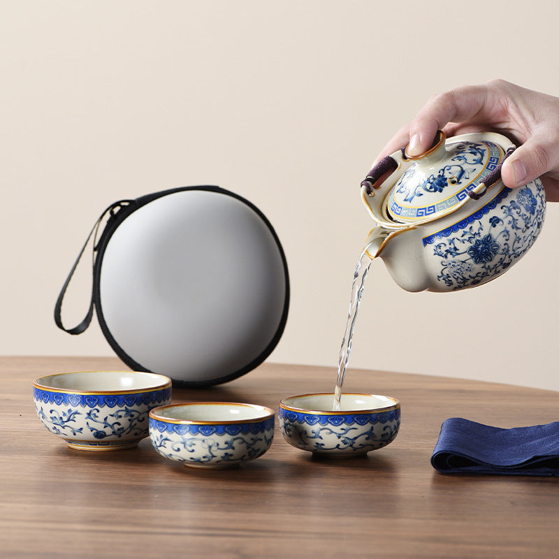 Elegante juego de té de viaje Ru kiln en azul y blanco