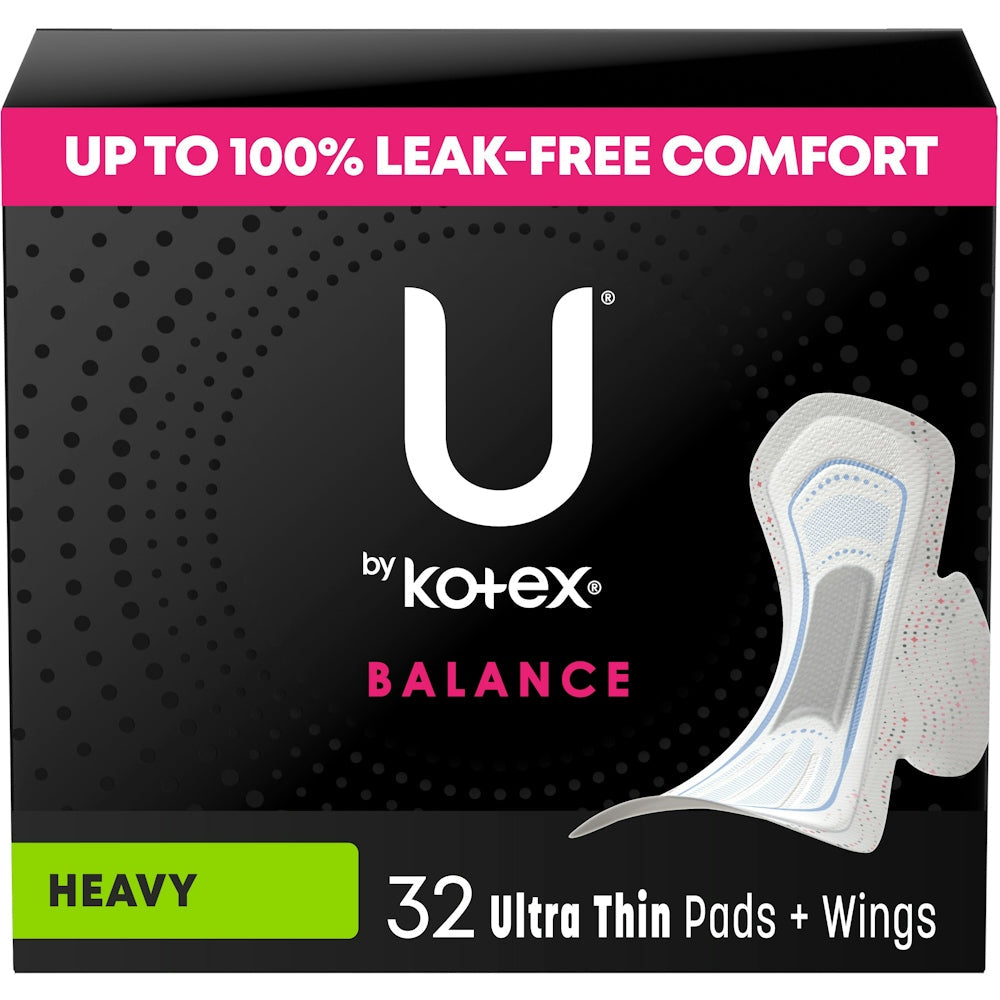 U by Kotex Balance Ultra Thin Pads avec ailes, absorption forte, 32 unités