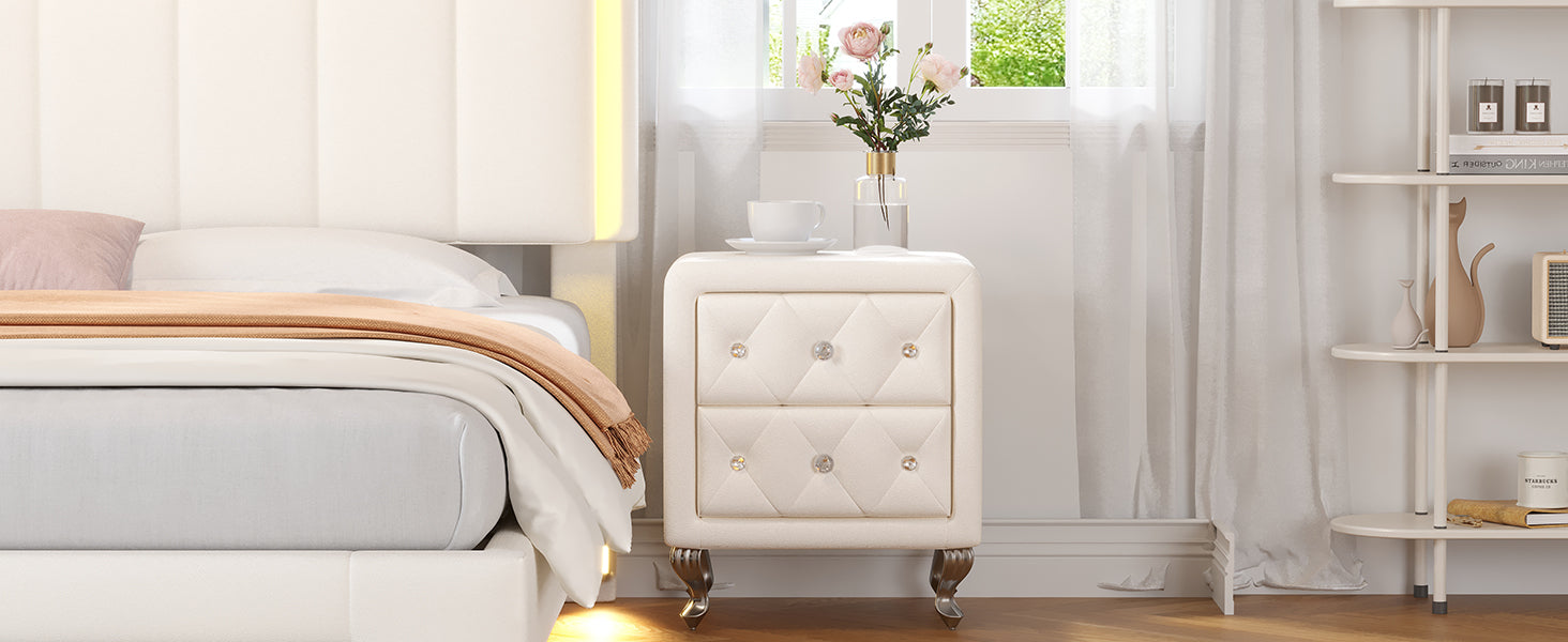 Elegant PU bedside table with 2 drawers and crystal handles, storage with metal legs - white - Korvel