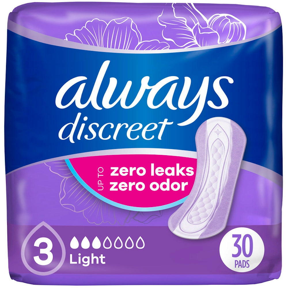 Always Discreet Pads, Light Absorbency, Regular Length, 30 Count