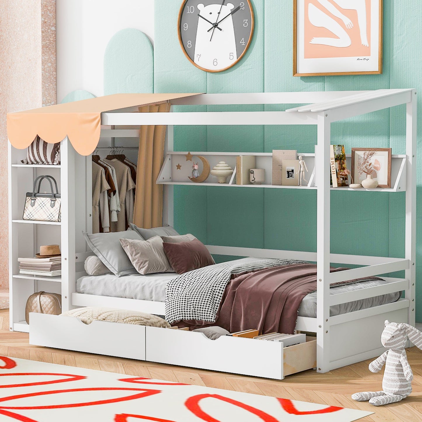Twin Size House Bed with Two Drawers and Wardrobe - White