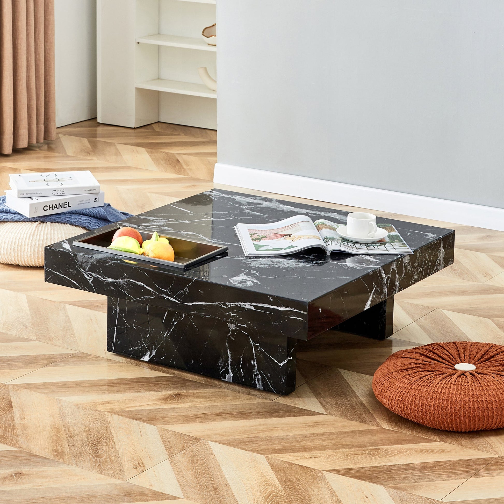 A modern and practical coffee table made of MDF material with black patterns - Korvel