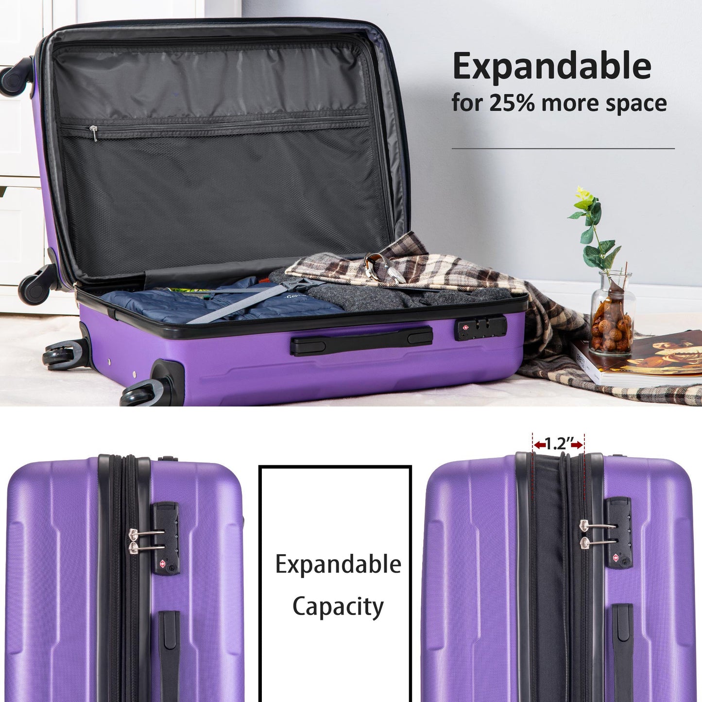 Expanable Spinner Wheel 2 Piece Luggage Set ABS Lightweight Suitcase with TSA Lock 20inch+24inch Purple + Plastic - Korvel