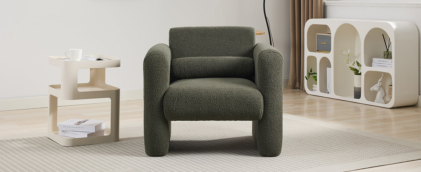Modern style chair with sheepskin Sherpa fabric soft cushion, comfortable armchair, soft with backrest and pillow, seaweed green - Korvel