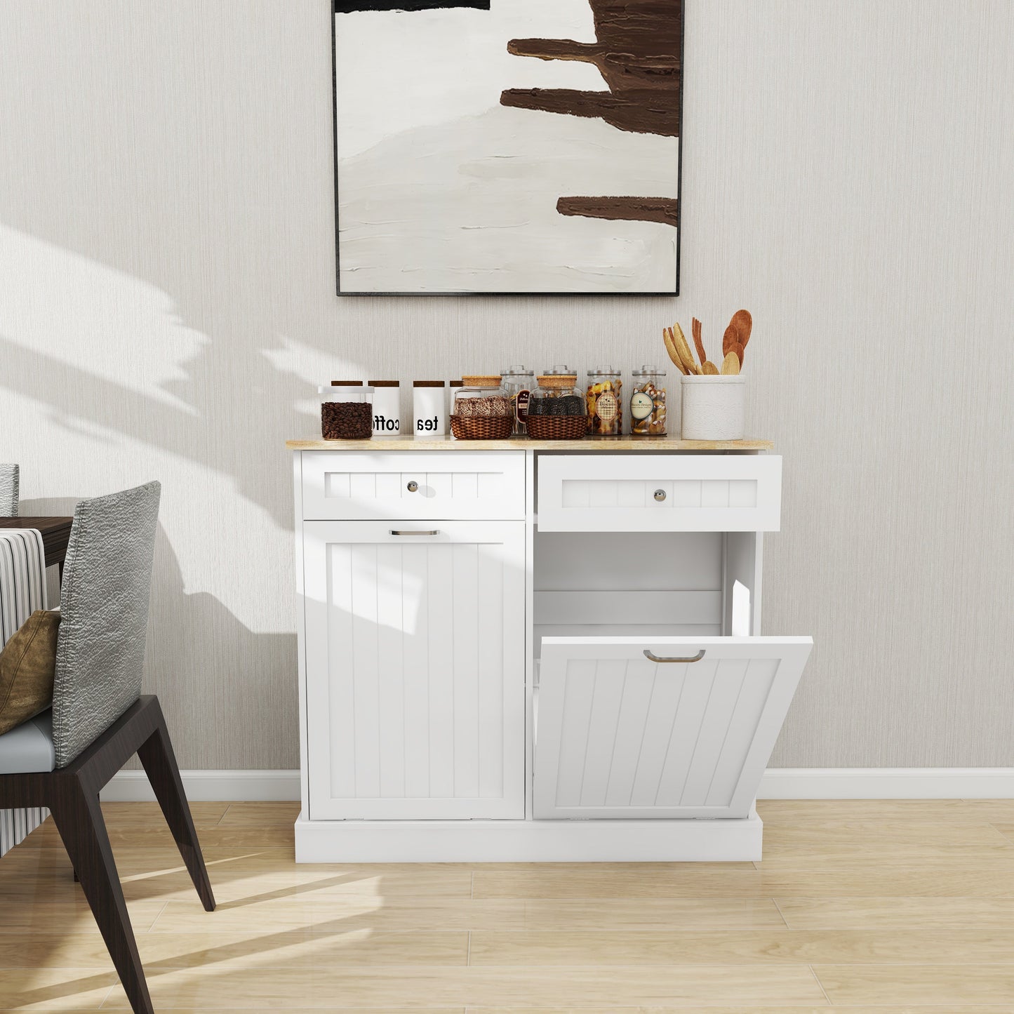 Two Drawers and Two-Compartment Tilt-Out Trash Cabinet Kitchen Trash Cabinet-White - Korvel