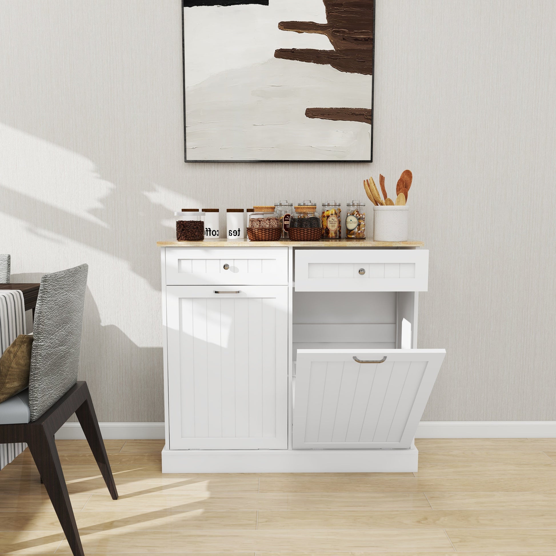 Two Drawers and Two-Compartment Tilt-Out Trash Cabinet Kitchen Trash Cabinet-White - Korvel