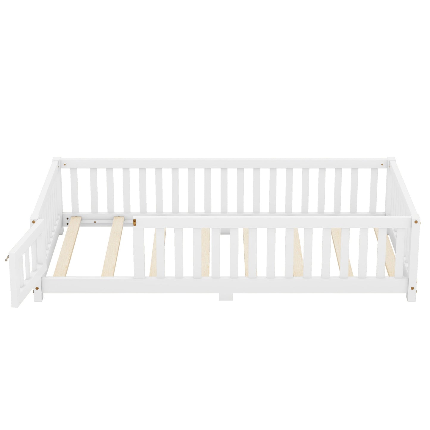 Twin Size Bed Floor Bed with Safety Guardrails and Door for Kids, White - Korvel