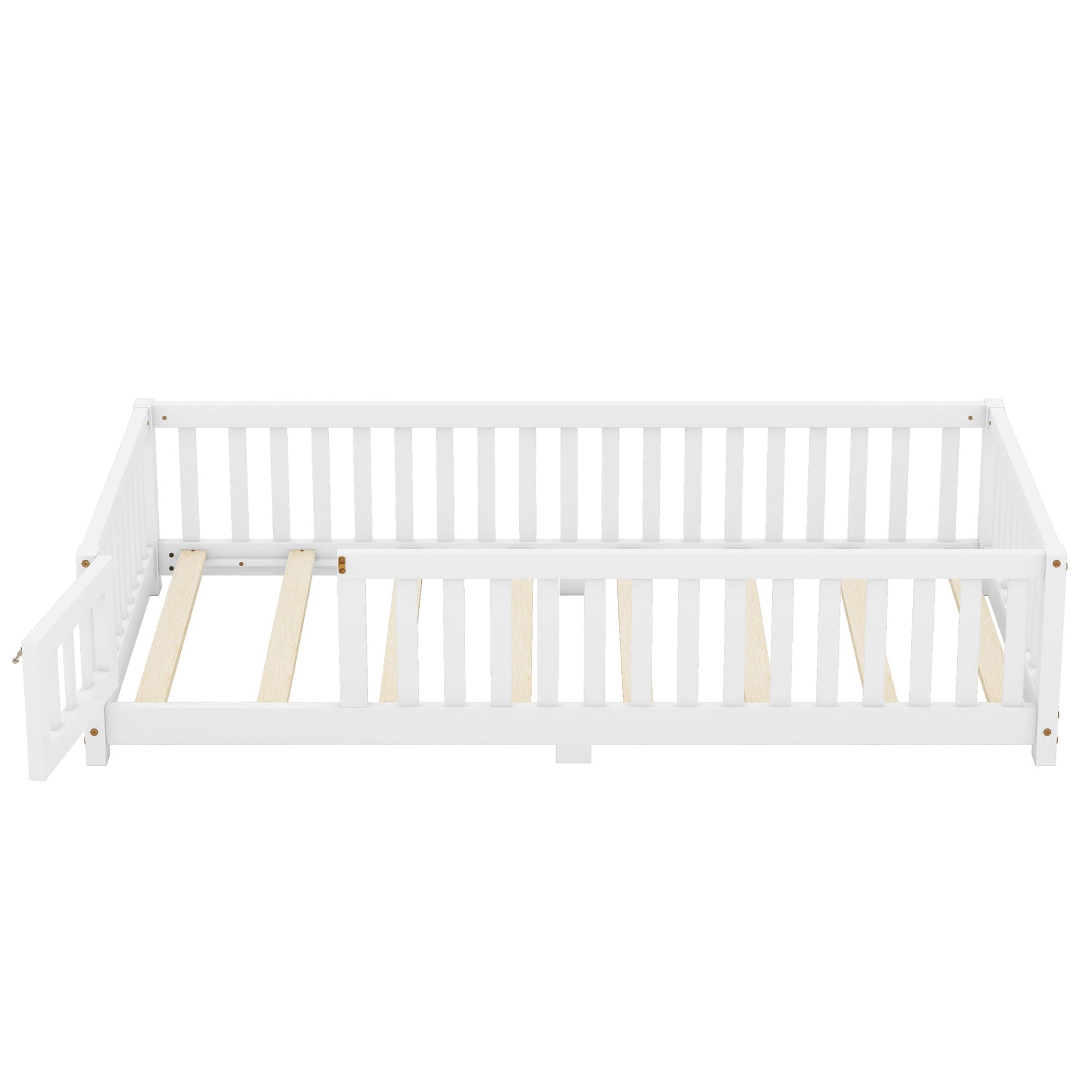 Twin Size Bed Floor Bed with Safety Guardrails and Door for Kids, White - Korvel