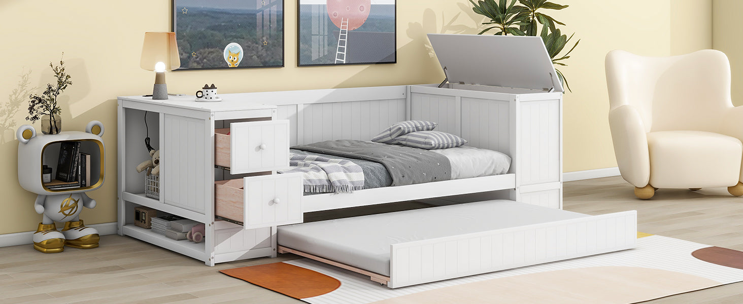 Twin Size Daybed with Storage Arms  Trundle and Charging Station White - Korvel